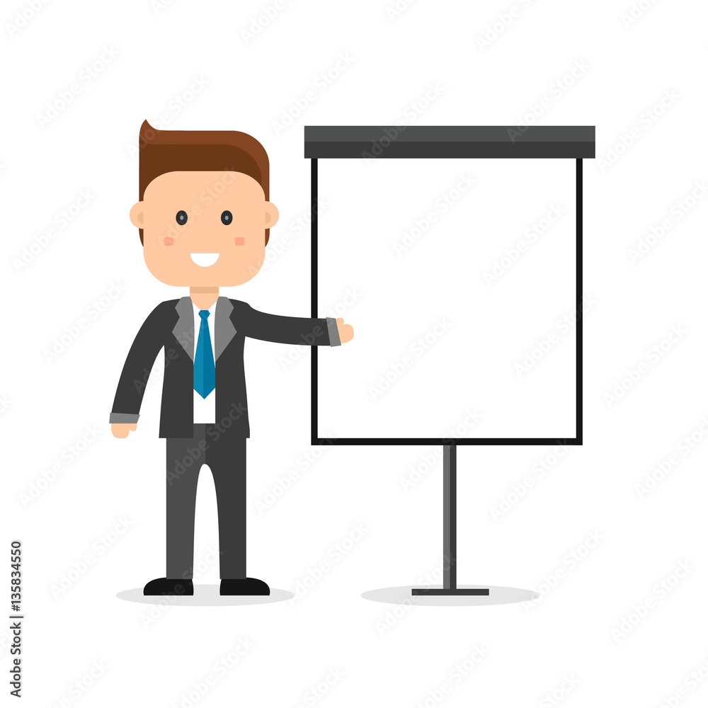 Businessman in suit and tie making presentation on a white board. Business manager seminar. Flat style vector illustration isolated on white background. Businessman in suit and tie making presentation on a white board. Business manager seminar. Flat style vector illustration isolated on white background.
