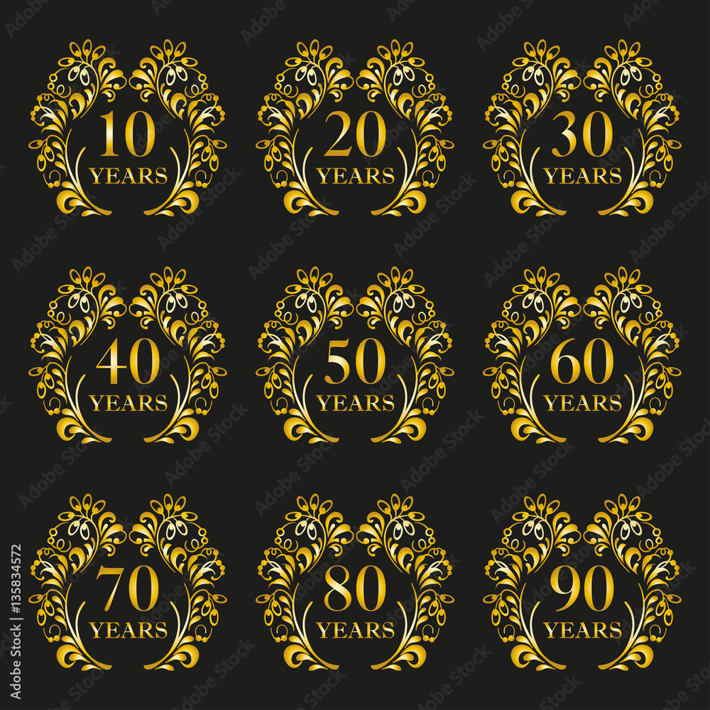 Anniversary icon set. Anniversary symbols in ornate frame with floral elements. 10,20,30,40,50,60,70,80,90 years. Template for cards and congratulation design. Vector illustration.
