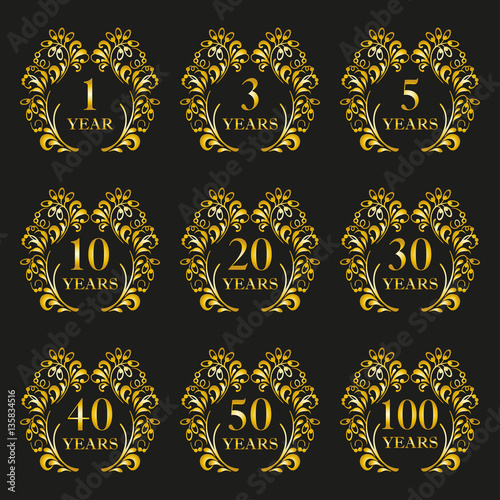Anniversary icon set. Anniversary symbols in ornate frame with floral elements. 1,3,5,10,20,30,40,50,100 years. Template for cards and congratulation design. Vector illustration.