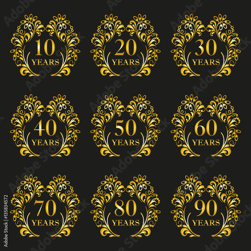 Anniversary icon set. Anniversary symbols in ornate frame with floral elements. 10,20,30,40,50,60,70,80,90 years. Template for cards and congratulation design. Vector illustration.