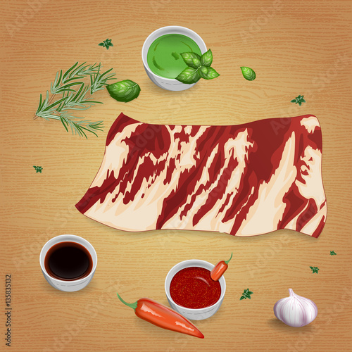Onglet with delicious sauces and spices