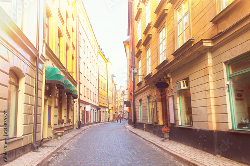 old town Gamla Stan street in Stockholm at day  Sweden  retro toned