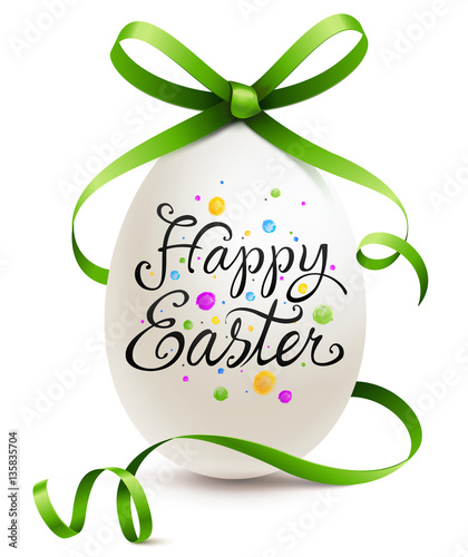 painted easter egg with colorful dots, lettering and curled bow - Happy Easter