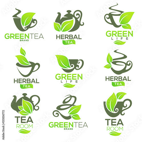 Green,herbal, organic tea, vector logo template design