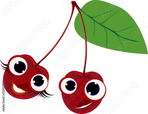 Funny red cherries with green leaf 