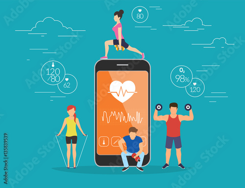 Health care mobile app concept illustration. Young men and women are standing near big smartphone with app for sport and fitness tracking heart beating data and getting information of pulse rate