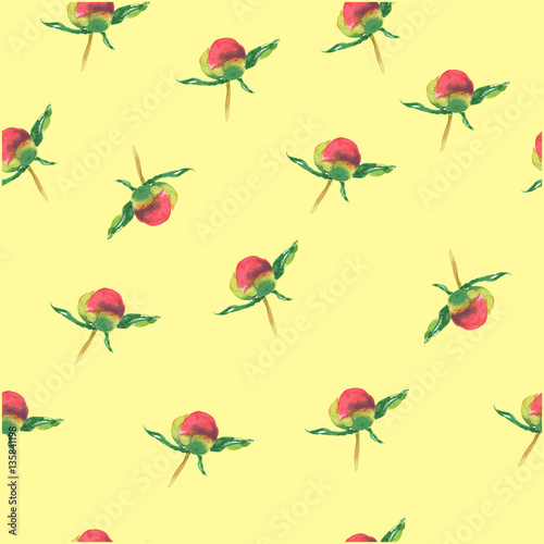 Pink peony bud on yellow background. Seamless watercolor pattern © Shanserika
