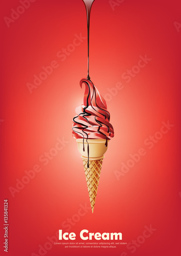 Red ice cream in the cone, Pour chocolate syrup, strawberry raspberry fruit flavor, transparent Vector
