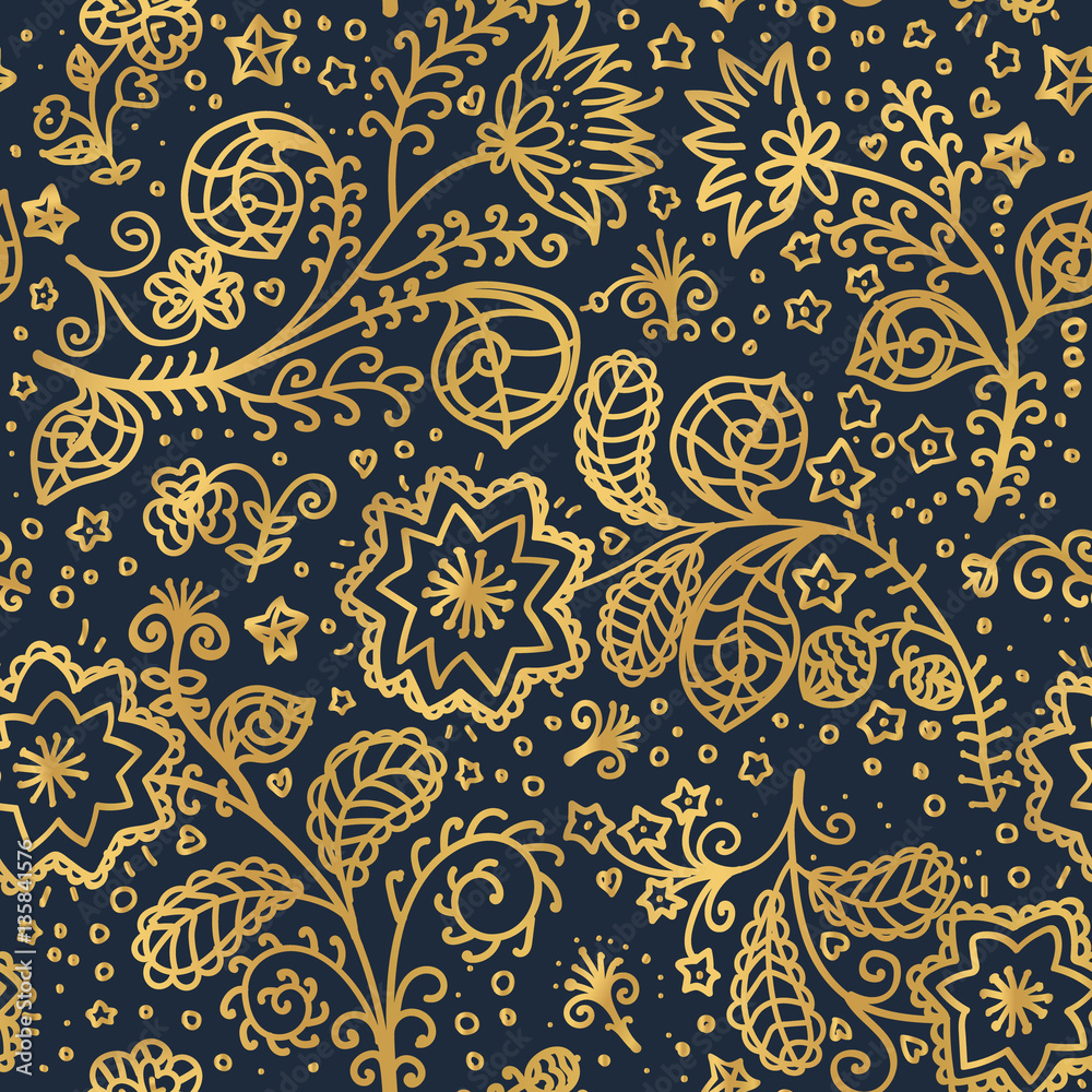 Vector gold pattern on white background with line hand drawing fantastic flowers and leaves
