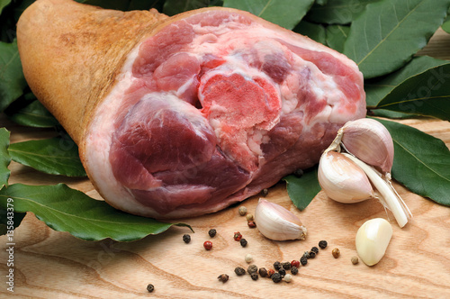 Canvas Print fresh raw pork knuckle preparing to cooking