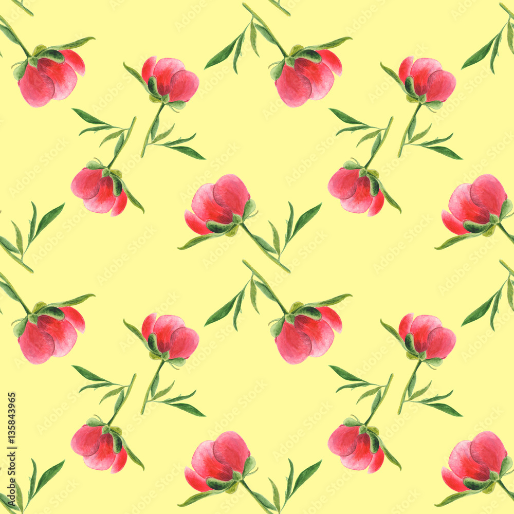 Pink peony bud on yellow background. Seamless watercolor pattern
