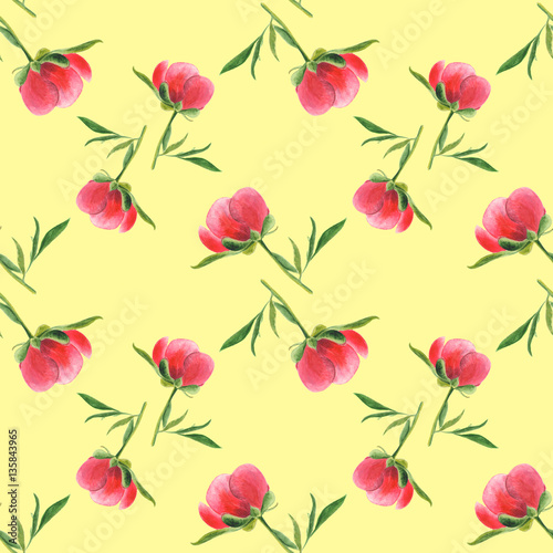 Pink peony bud on yellow background. Seamless watercolor pattern