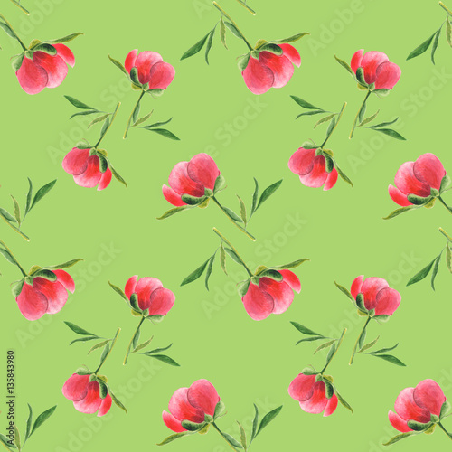 Pink peony bud on green background. Seamless watercolor pattern
