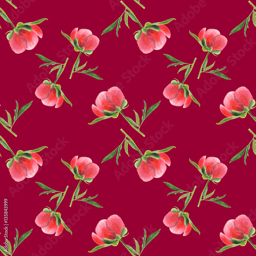 Pink peony bud on vinous background. Seamless watercolor pattern