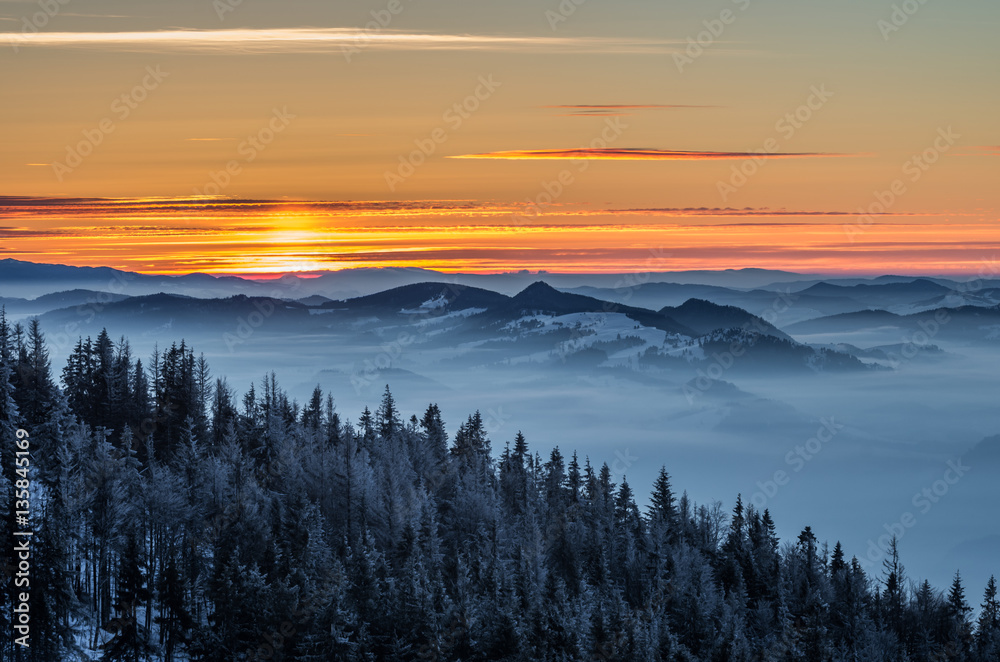 Morning panorama from Luban peak in Gorce mountains, Poland Morning panorama from Luban peak in Gorce mountains, Poland