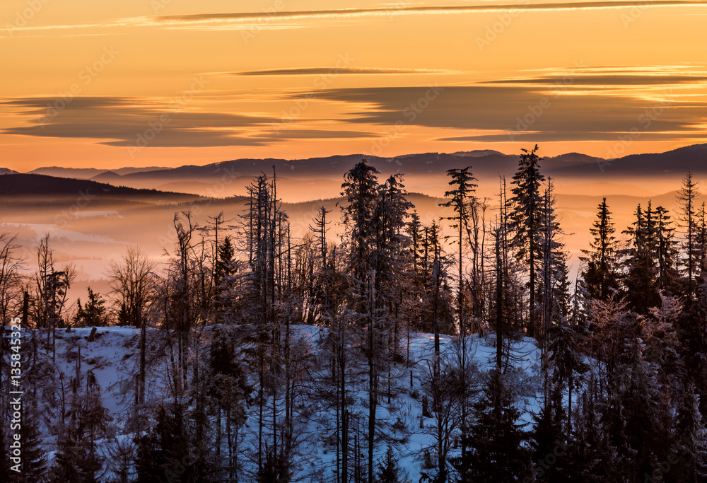 Morning panorama from Luban peak in Gorce mountains, Poland Morning panorama from Luban peak in Gorce mountains, Poland
