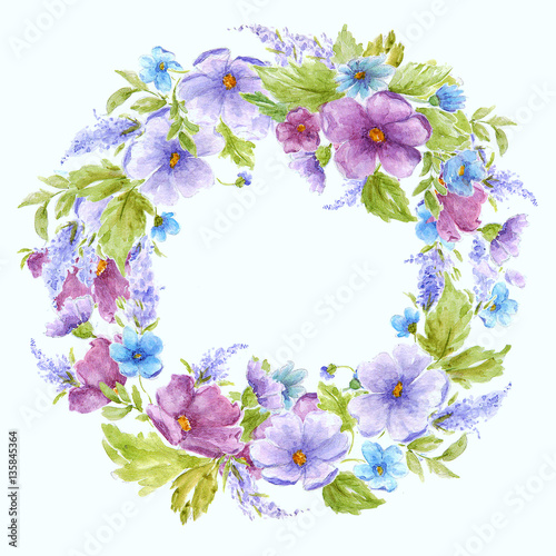 Flower Watercolor Wreath. Template for greeting card or invitation