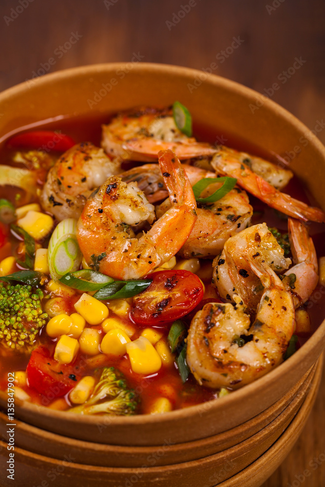 Shrimp Soup With Tomato, Broccoli and Corn. Selective focus.