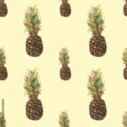 Pineapple ananas with colorful leaves on yellow background. Seamless watercolor pattern