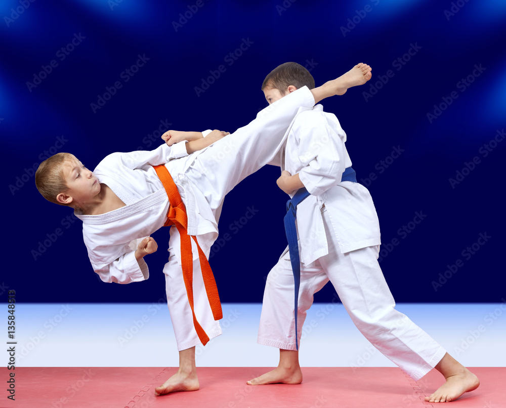 In karategi boys are training kick arm and leg towards each other