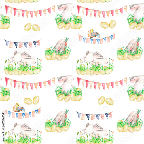 Seamless pattern with watercolor Easter rabbits in grass, eggs and garlands with flags, hand drawn on a white background