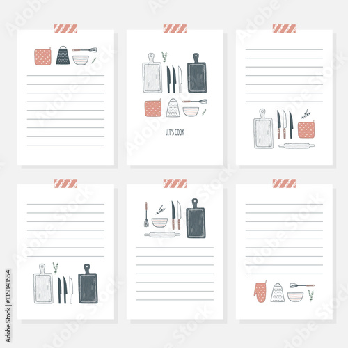 Recipe cards. Cooking card template set. Hand drawn culinary notes with doodle kitchen utensils. Vector illustration, isolated