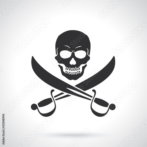 Vector illustration. Silhouette of Jolly Roger with crossed sabers. Template or pattern. Decoration for greeting cards, wallpapers, emblems