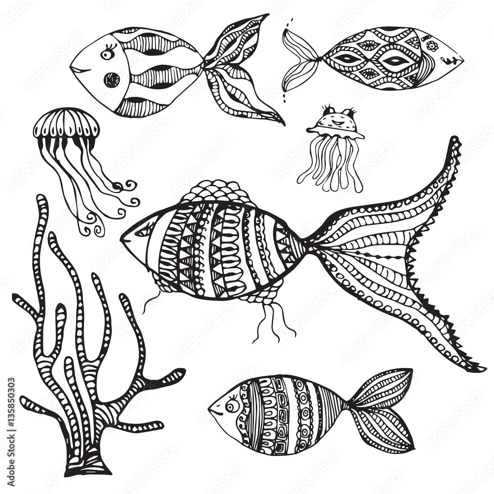 Fototapeta premium vector set of hand drawn fish, medusa and seaweed