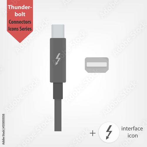 Thunderbolt connector vector icon. Plug and socket in flat style. Data transfer and fast charging cable. + Thunderbolt interface icon