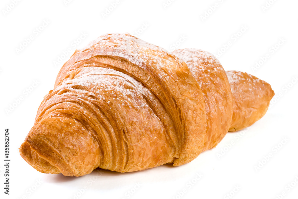 one croissant sprinkled with powdered sugar isolated on a white background closeup