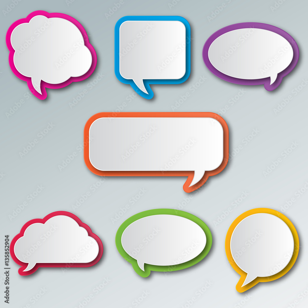 Set of blank empty colorful speech bubbles. Different design and color of comic bubble cloud collection. Set of blank empty colorful speech bubbles. Different design and color of comic bubble cloud collection.