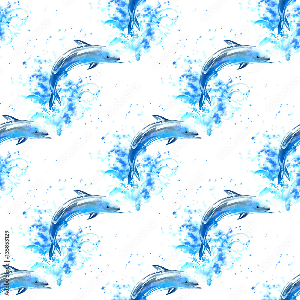Fototapeta premium Seamless pattern of a blue dolphin and waves.Watercolor hand drawn illustration. Underwater animal image.