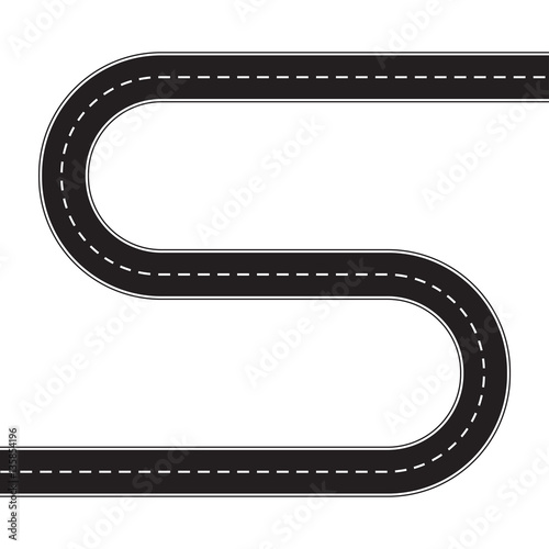 Asphalt road isolated on white background. Vector illustration of winding road. Car traffic design template.