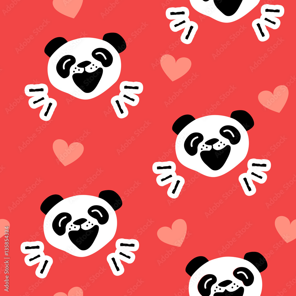 Fototapeta premium Seamless pattern with funny panda and hearts on red background. Vector.