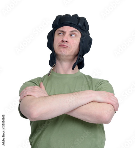 Portrait of a man in a tank helmet isolated on white background photo