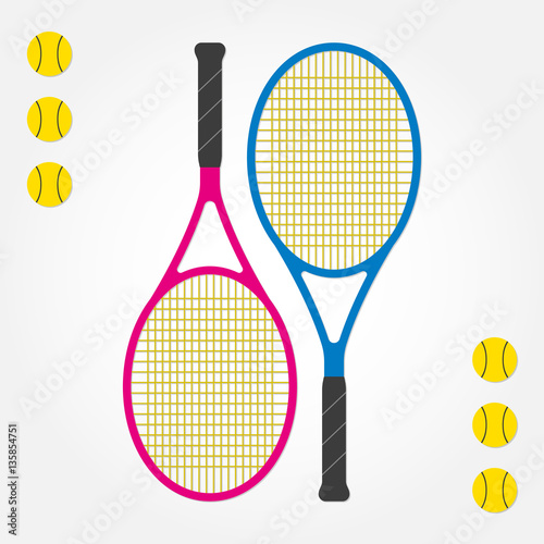 Tennis racket and tennis balls. Two tennis rackets in flat style. Vector illustration.