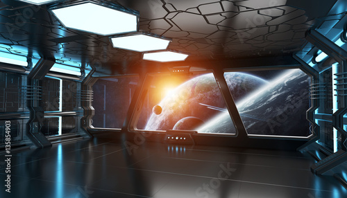 Fototapeta Naklejka Na Ścianę i Meble -  Spaceship interior with view on distant planets system 3D render