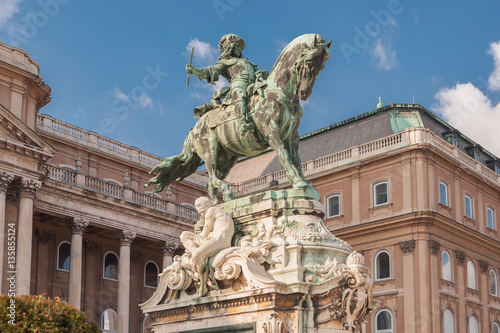 Equestrian statue of Prince Savoyai Eugen in front of the historic Royal Palace in Buda Castle