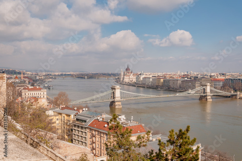 Panoramic overview of Budapest on foreground the Parliament building and chain bridge