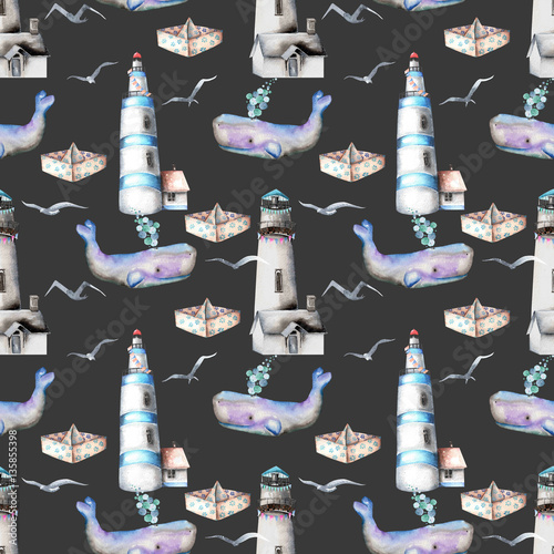 Seamless pattern with watercolor lighthouses, seagulls, whales and paper boats, hand painted isolated on a dark background photo