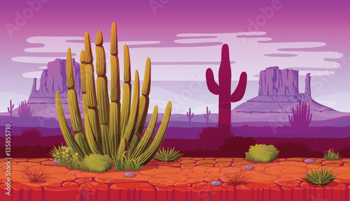 Horizontal seamless background of landscape with desert and cactus