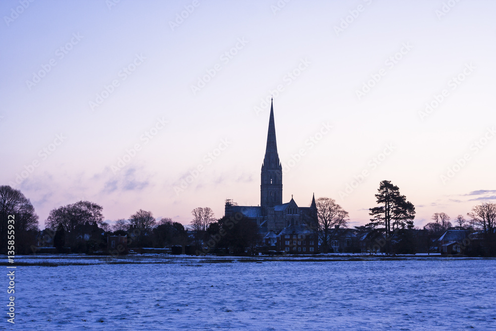 Salisbury cathedral and the West Harnham water meadows in Winter.