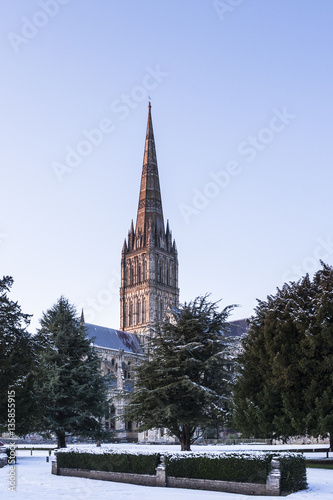 Salisbury cathedral in the snow.