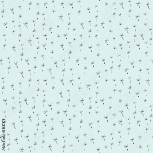 Seamless pattern with hand drawn dandelion seeds on light blue background