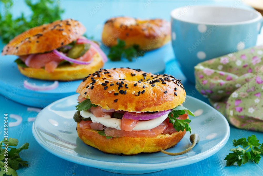 Bagels with salmon and cream cheese.