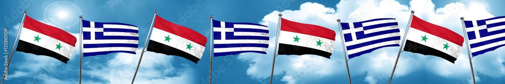 Fototapeta premium Syria flag with Greece flag, 3D rendering