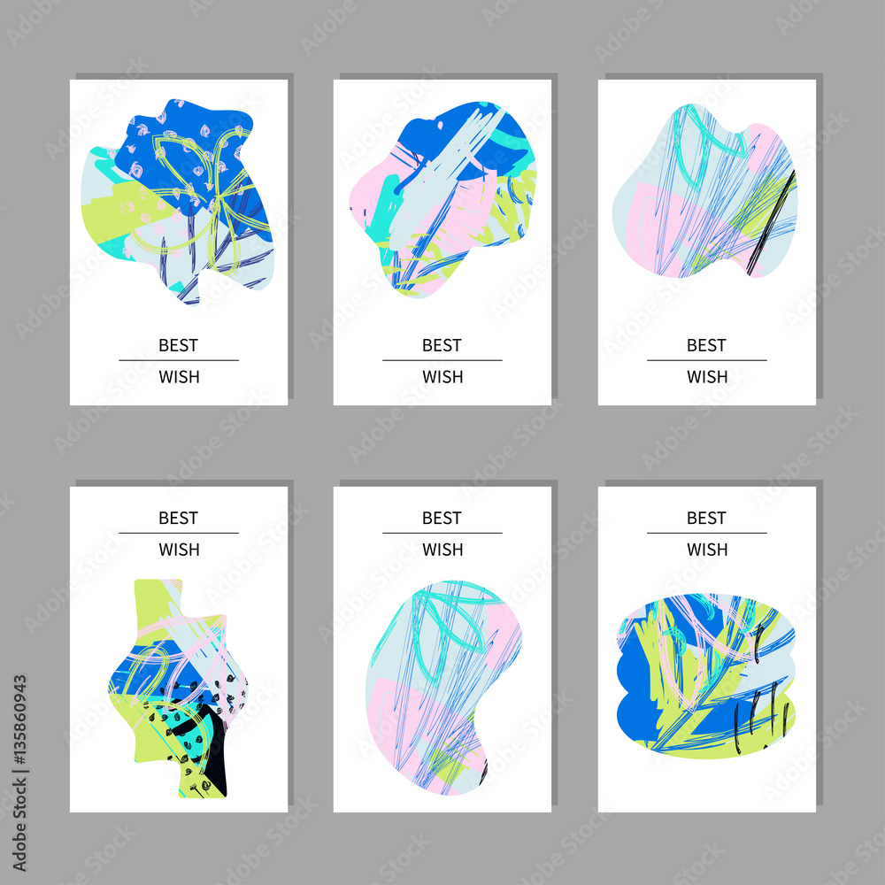 Set of 6 creative contemporary universal cards. Hand Drawn textures. Design for card, invitation, flyer, poster, placard, brochure. Vector illustration.