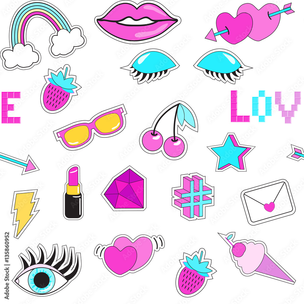 Seamless pattern with fashion patch badges. Eye, sunglasses, lips, ice-cream, phrase Seamless pattern with fashion patch badges. Eye, sunglasses, lips, ice-cream, phrase