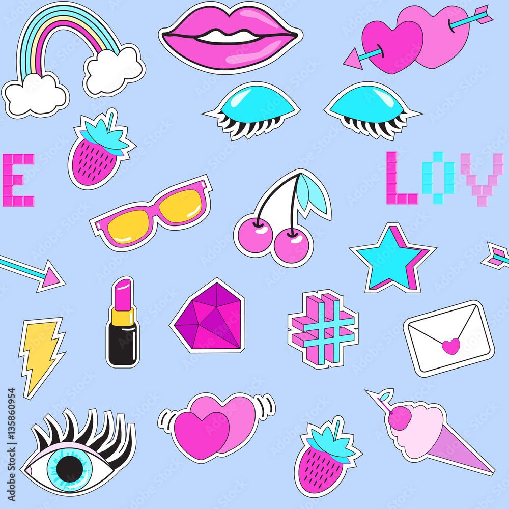 Seamless pattern with fashion patch badges. Eye, sunglasses, lips, ice-cream, phrase Seamless pattern with fashion patch badges. Eye, sunglasses, lips, ice-cream, phrase