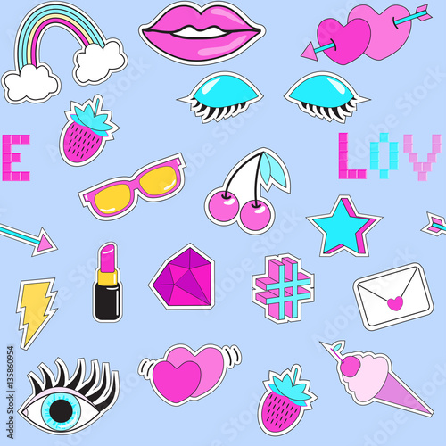 Seamless pattern with fashion patch badges. Eye, sunglasses, lips, ice-cream, phrase 